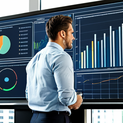 Home 7 "A professional data analyst in a modern office setting, analyzing an interactive data dashboard displaying key performance indicators, fully clothed, appropriate attire, safe for work, perfect anatomy, natural proportions, professional, high quality."