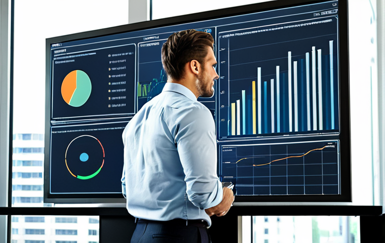 "A professional data analyst in a modern office setting, analyzing an interactive data dashboard displaying key performance indicators, fully clothed, appropriate attire, safe for work, perfect anatomy, natural proportions, professional, high quality."