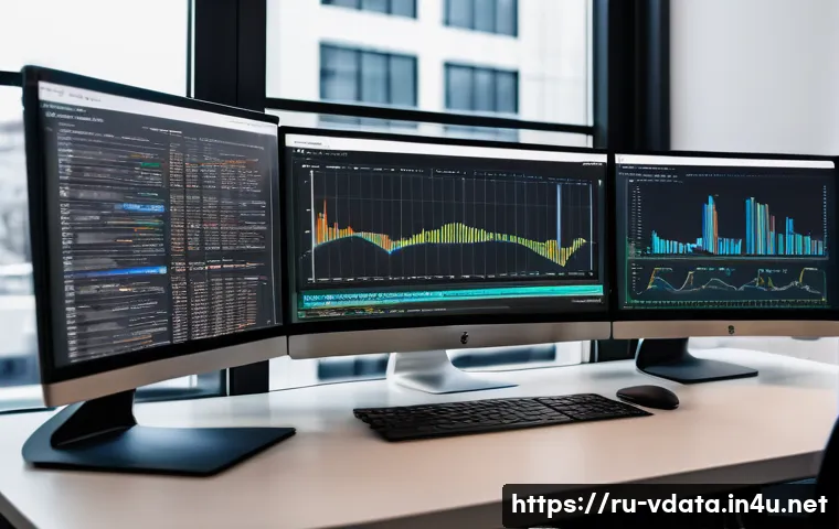 빅데이터 분석가를 위한 Python 실무 - A professional data scientist workspace with multiple computer monitors displaying colorful data vis...