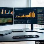 빅데이터 분석가 자격증 최신 트렌드 - A modern data analyst workspace in a bright office with multiple large monitors displaying complex B...