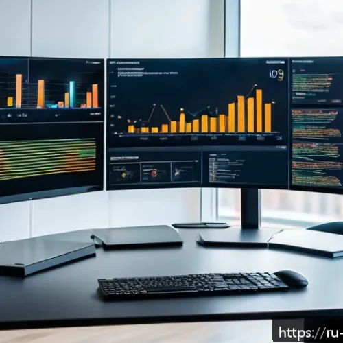 빅데이터 분석가 자격증 최신 트렌드 - A modern data analyst workspace in a bright office with multiple large monitors displaying complex B...