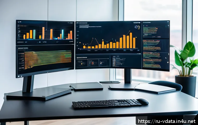 빅데이터 분석가 자격증 최신 트렌드 - A modern data analyst workspace in a bright office with multiple large monitors displaying complex B...