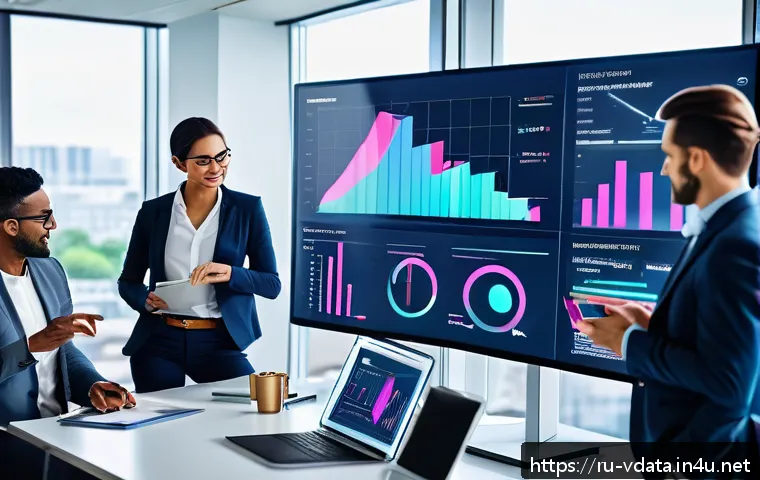 빅데이터 실무에서의 데이터 시각화 기술 - A modern office environment showing a diverse team of business analysts interacting with a large tou...