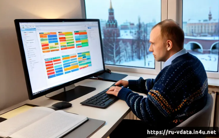 Home 17 빅데이터 분석가를 위한 Linux 명령어 정리 - Photorealistic data analyst workspace in a modern Moscow apartment, middle-aged professional wearing...